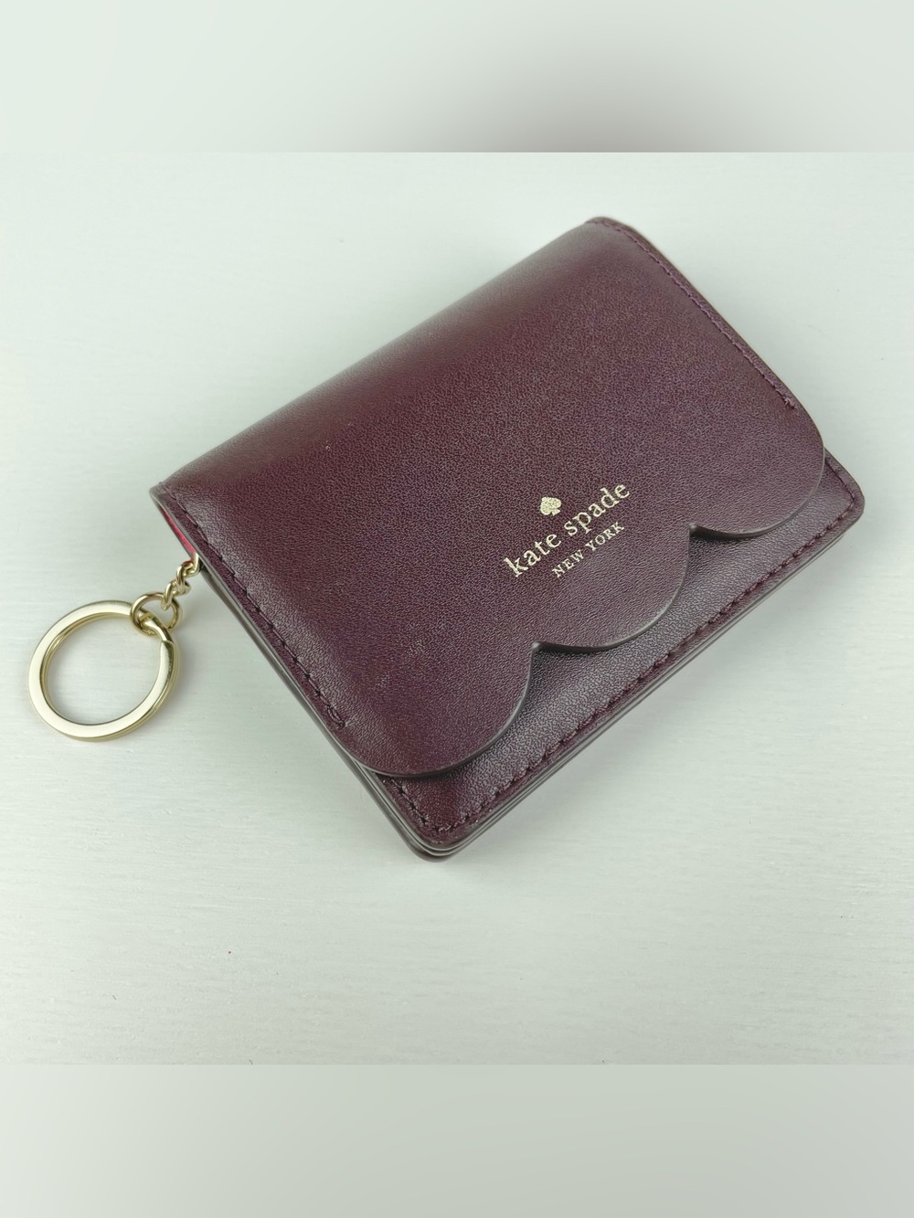 kate spade New York Plum Gemma Scalloped Card Mini Wallet w/ Key Ring ID Window